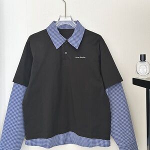 Acne Black Polo with Blue Checkered Accents